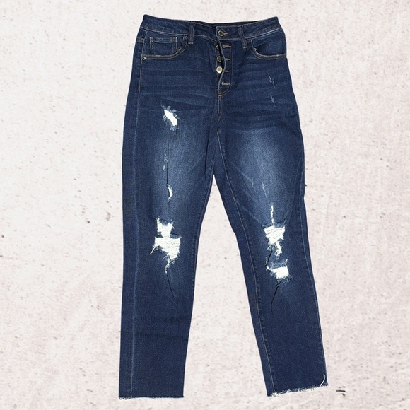 Blue Ankle Cropped Distressed Jeans - Picture 1 of 4